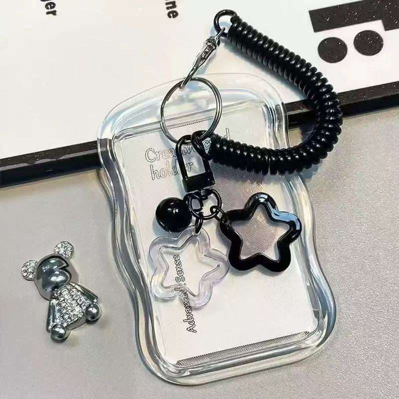 Porta-cartões fotográficos transparente com padrão de ondas de estrela Kpop fofo e chaveiro.