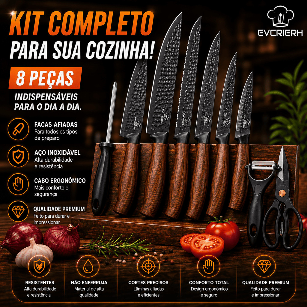 Kit Churrasco 08 Peças Faca Meat Cleaver Pegador Garfo Afiador Tesoura Maleta Rígida Maleta Estojo Churrasqueiro