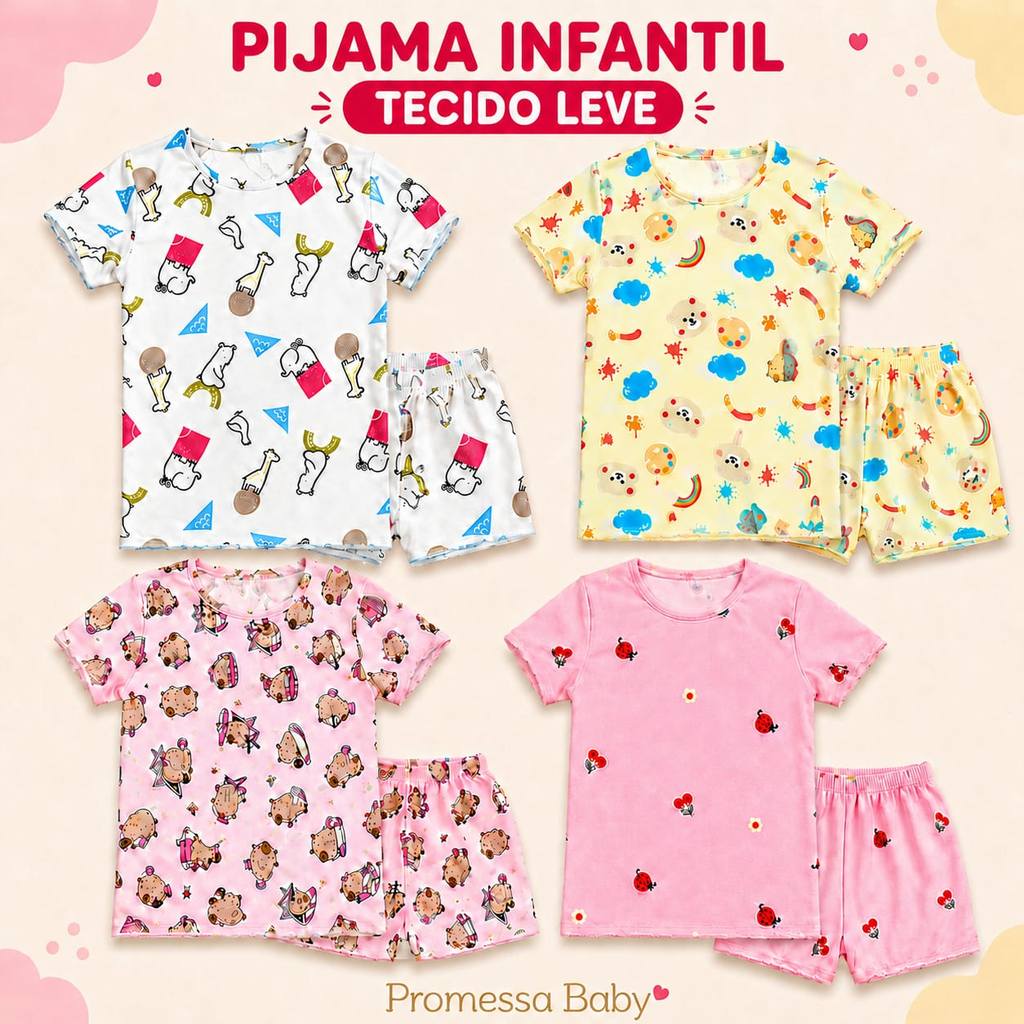 Pijama Infantil Menina Verão Conjunto Blusinha Manga Curta e Short Confortável Tecido Leve e Macio