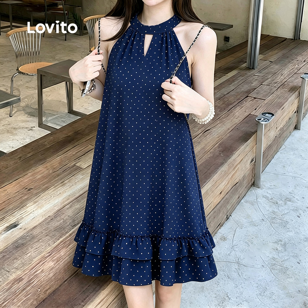 Lovito Vestido Azulmarinho Até O Joelho Linha a Com Bolinhas Babado Recorte E Barra Franzida Para Mulher DRB202P2D129 — imagem 2 de 2