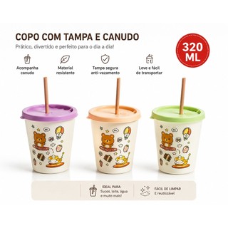 Copo Infantil 320ml com Tampa e Canudo – Reutilizável e Prático