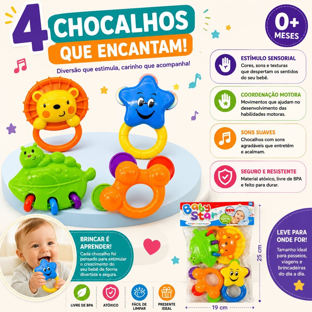 Kit 4 Chocalhos Para Bebe Mordedor Sensorial Educativo Colorido Infantil