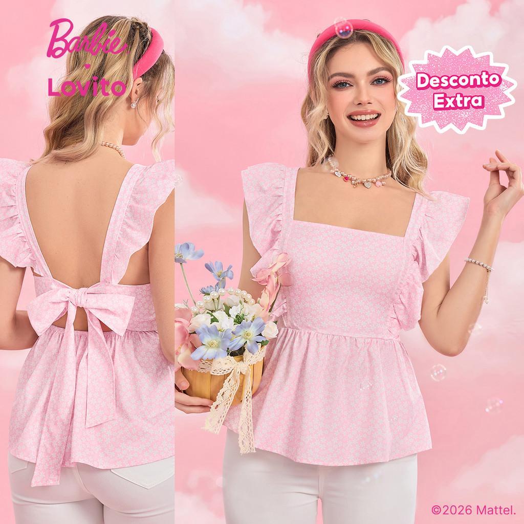 Barbie™ X Lovito Blusa Babados Amarração Costas Rosa Primavera/Verão Feminina BL