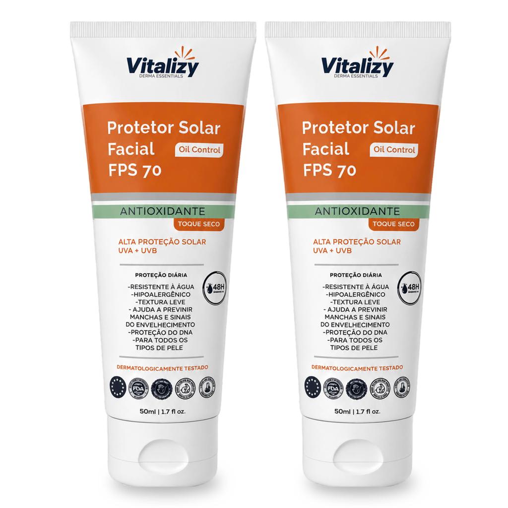 Kit 2x50ml Protetor Solar Facial FPS 70 Oil Control Toque Seco UVA UVB Vitalizy