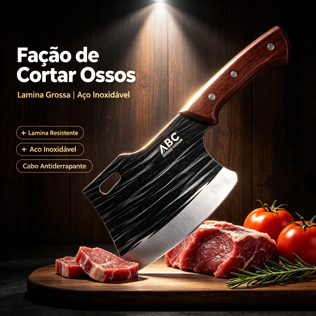 Cutelo ABC Martelado Inox | Cabo Madeira Artesanal para Ossos e Carnes Churrasco