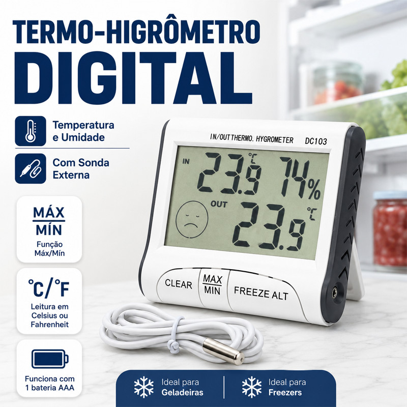 Termo-Higrômetro Digital para Geladeira e Freezer, Medidor de Temperatura Quente e Frio e Umidade do Ar