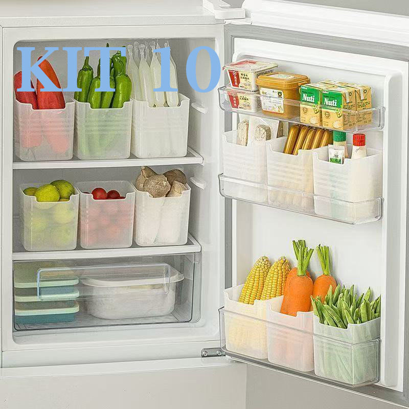 Kit 10 Organizadores Multiuso Transparentes para Geladeira Cozinha Despensa e Gavetas
