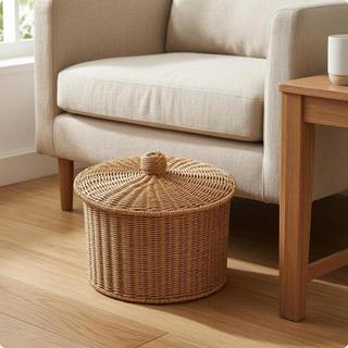 [Fineblue] Tampa Redonda De Imitação De Rattan , Trançada Tecida À Mão , Design Oco , Capa De Cesta De Armazenamento