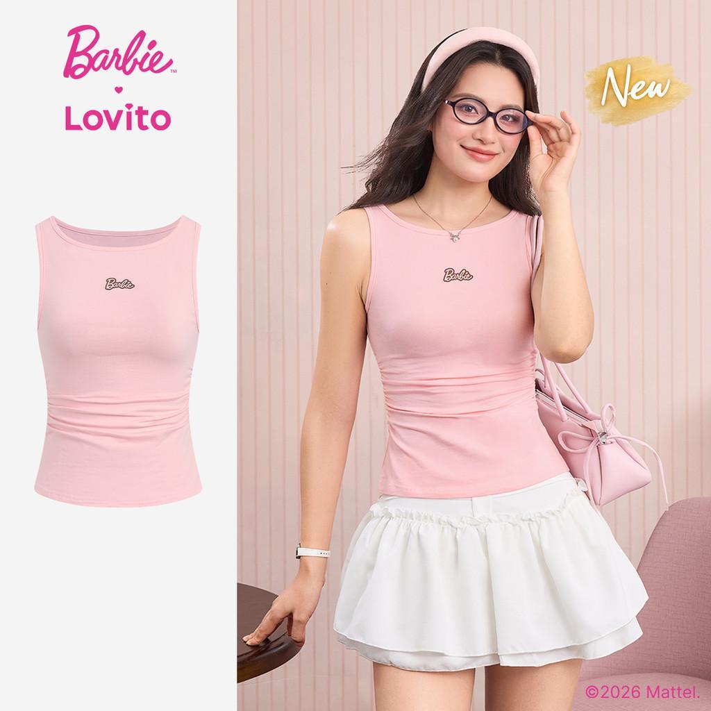 (New Arrival) Barbie™ X Lovito Top Casual Rosa Com Padrão Franzido Primavera/verão Para Mulheres TKBL6PAD006