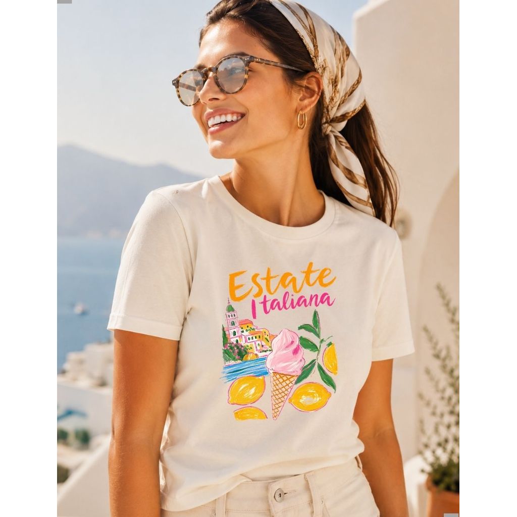 Camiseta Feminina Estampada Verão Itália Moda T-shirt Casual Off White Confortável Praia Academia