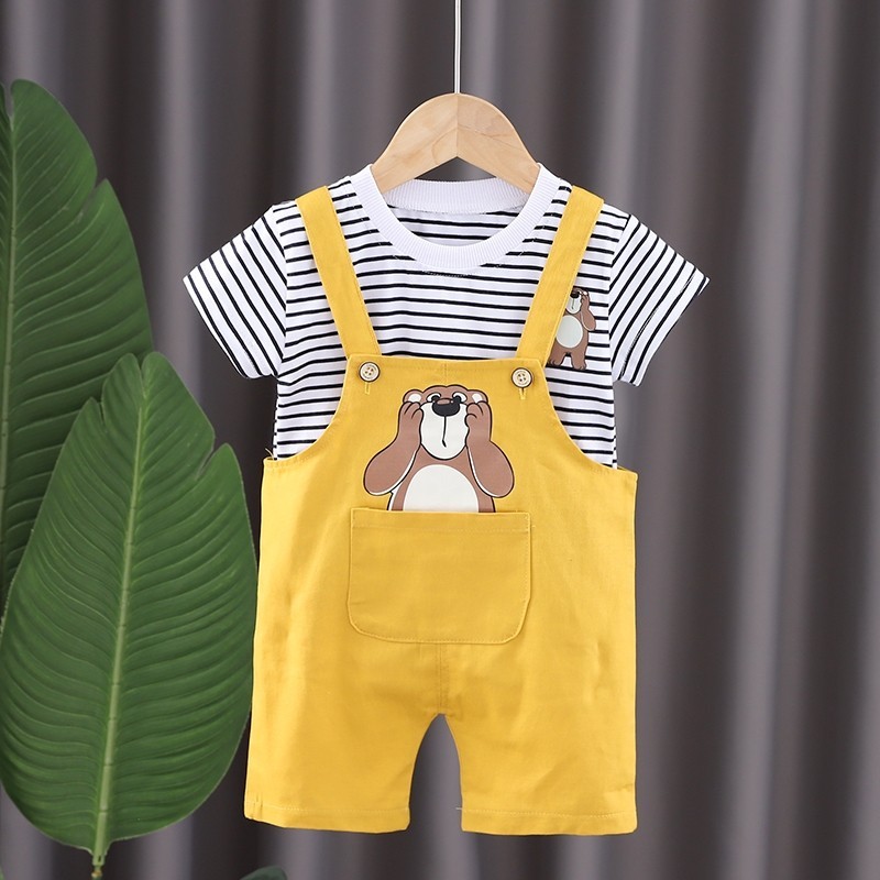 0-4 Anos De Idade Crianças Ternos Casuais Em Torno Do Pescoço Listrado Camiseta Urso Padrão Macacão Conjunto Bonito Verã