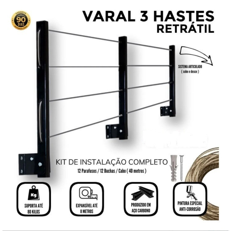 Varal De Roupa Retrátil Parede Muro Apartamento Casa 3 hastes Até 8 metros + kit de montagem