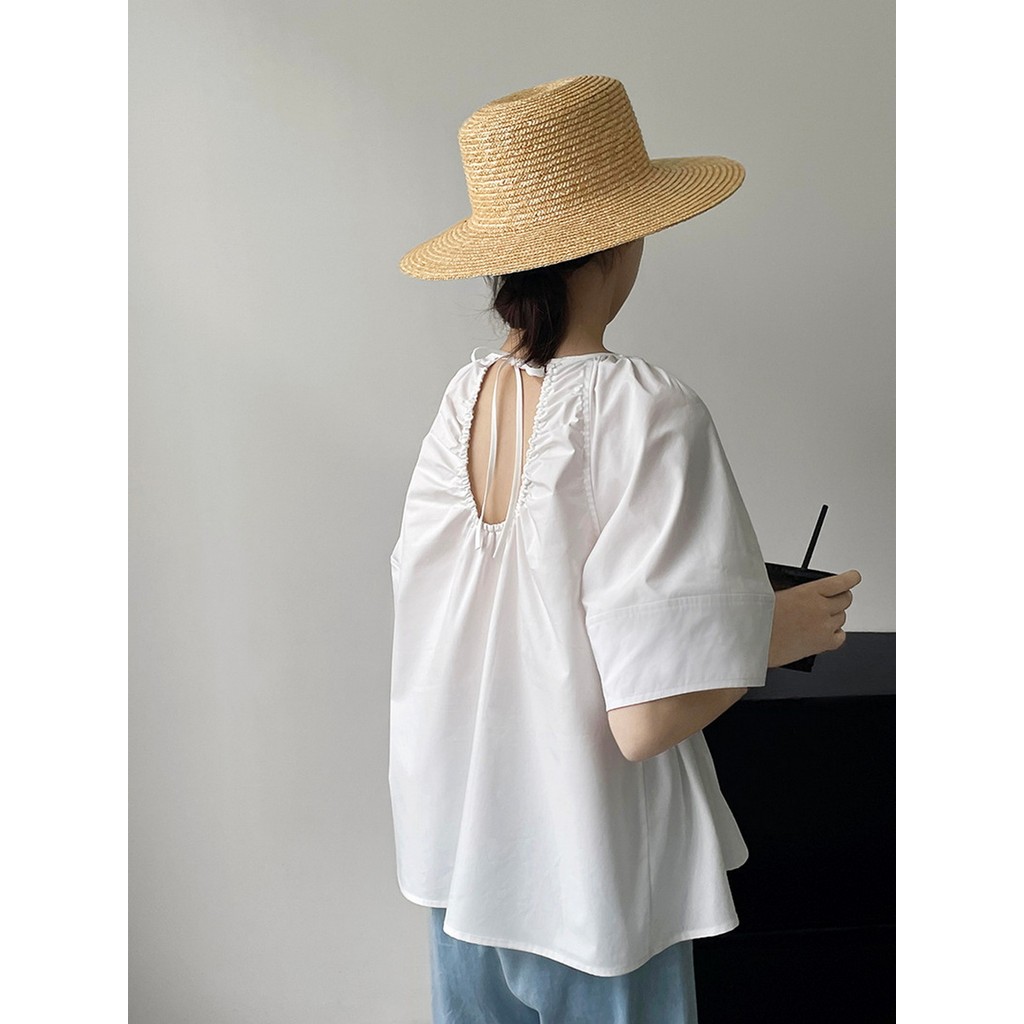 Camisa branca de bebê com cadarço nas costas, Halter, manga três quartos, camisa elegante, camisa coreana da moda, Top d