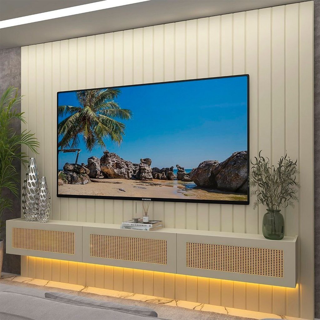 Estante para TV e Home Theater Ripado para TV até 84 Polegadas com LED 100% MDF 230CMX250CM LED Majestade Native Off