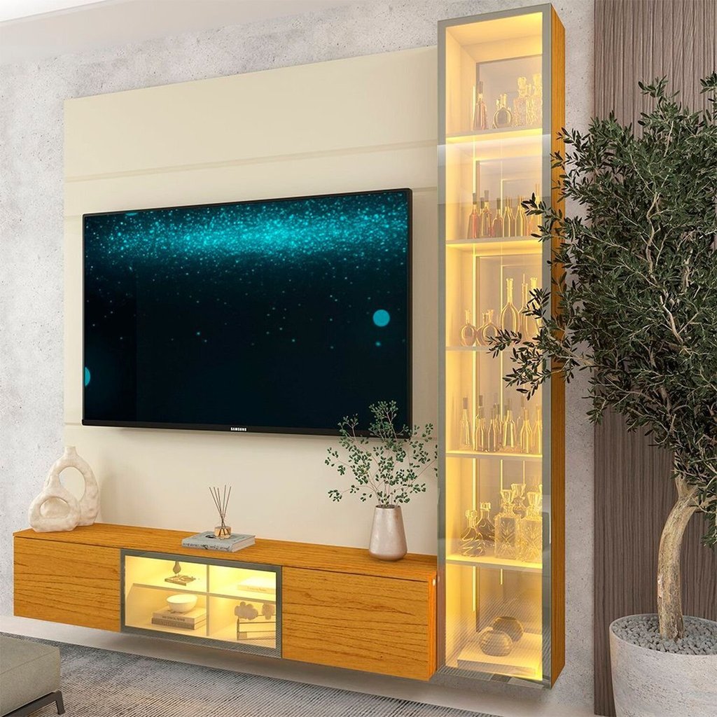 Estante para TV e Home Theater até 65 Polegadas com LED e Vidro Reflecta 100% MDF 191,2CMX217,6cm Porta LED Luminare