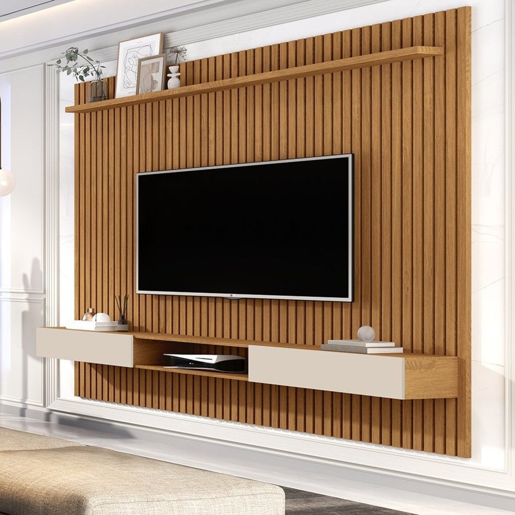 Painel Ripado para TV até 70 Polegadas MDF 185,5CMX218CM Nicho 2 Portas Prateleira Nature Off White Vênus Marrom