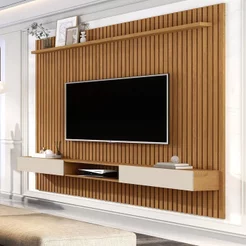 Painel Ripado para TV até 70 Polegadas MDF 185,5CMX218CM Nicho 2 Portas Prateleira Nature Off White Vênus Marrom
