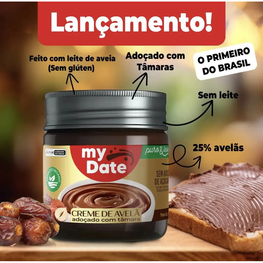Doce Creme De Avelã Cacau Com Tâmara Sem Açúcar Vegano Fit Zero Lactose Glúten Puro Leve Pote 160g