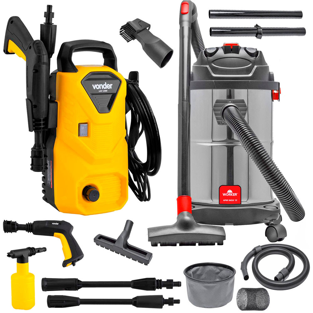 Kit Lavadora de Alta Pressão Vonder LAV1300 1200W e 1 Aspirador de Pó e Água Worker 15 Litros 1400W