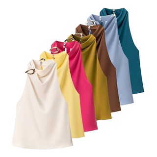 Mulheres Halter Sem Mangas Topo Drapeado Cowl Pescoço Anel De Metal Decoração Blusa De Cetim Elegante Cor Sólida Casual 