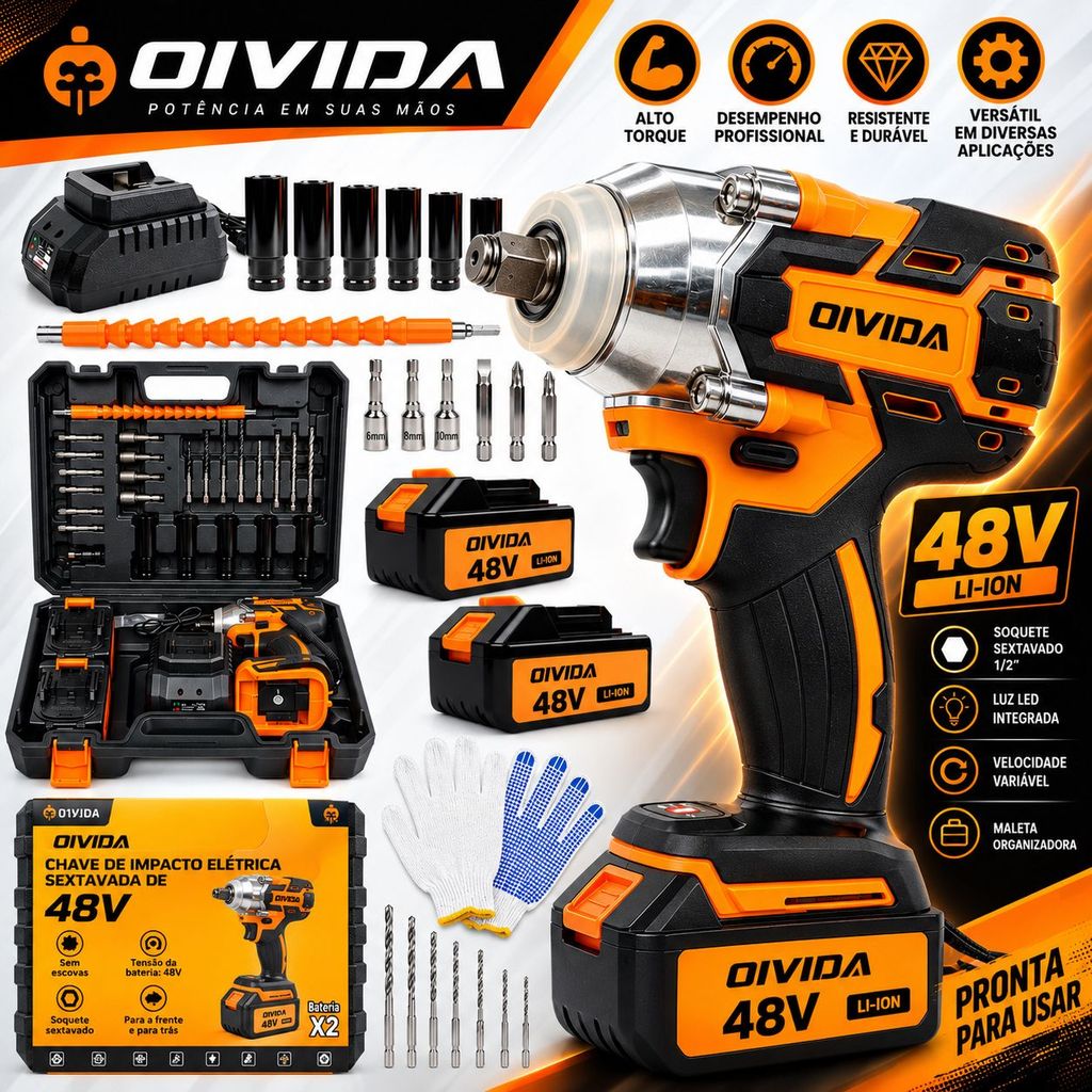 Chave de Impacto 48V a Bateria Sem Fio com 2 Baterias Maleta e Acessórios Porcas Rodas Automotiva Oficina