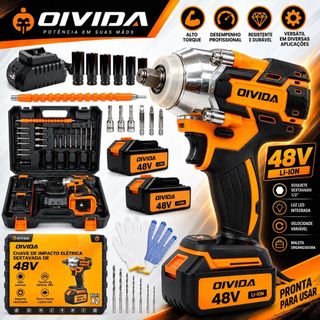 Chave de Impacto 48V a Bateria Sem Fio com 2 Baterias Maleta e Acessórios Porcas Rodas Automotiva Oficina