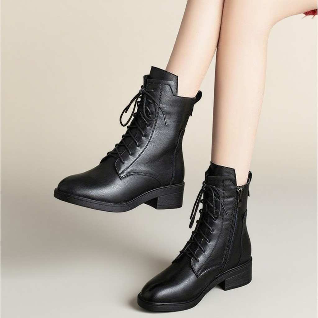 Versão coreana All-Match estilo britânico botas Martin de couro macio feminino, forro de lã de salto médio botas feminin