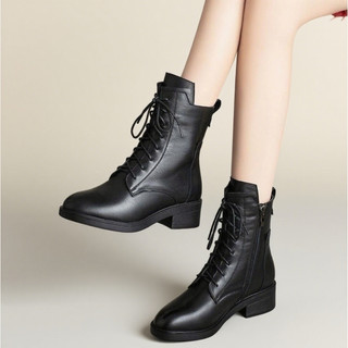 Versão coreana All-Match estilo britânico botas Martin de couro macio feminino, forro de lã de salto médio botas feminin
