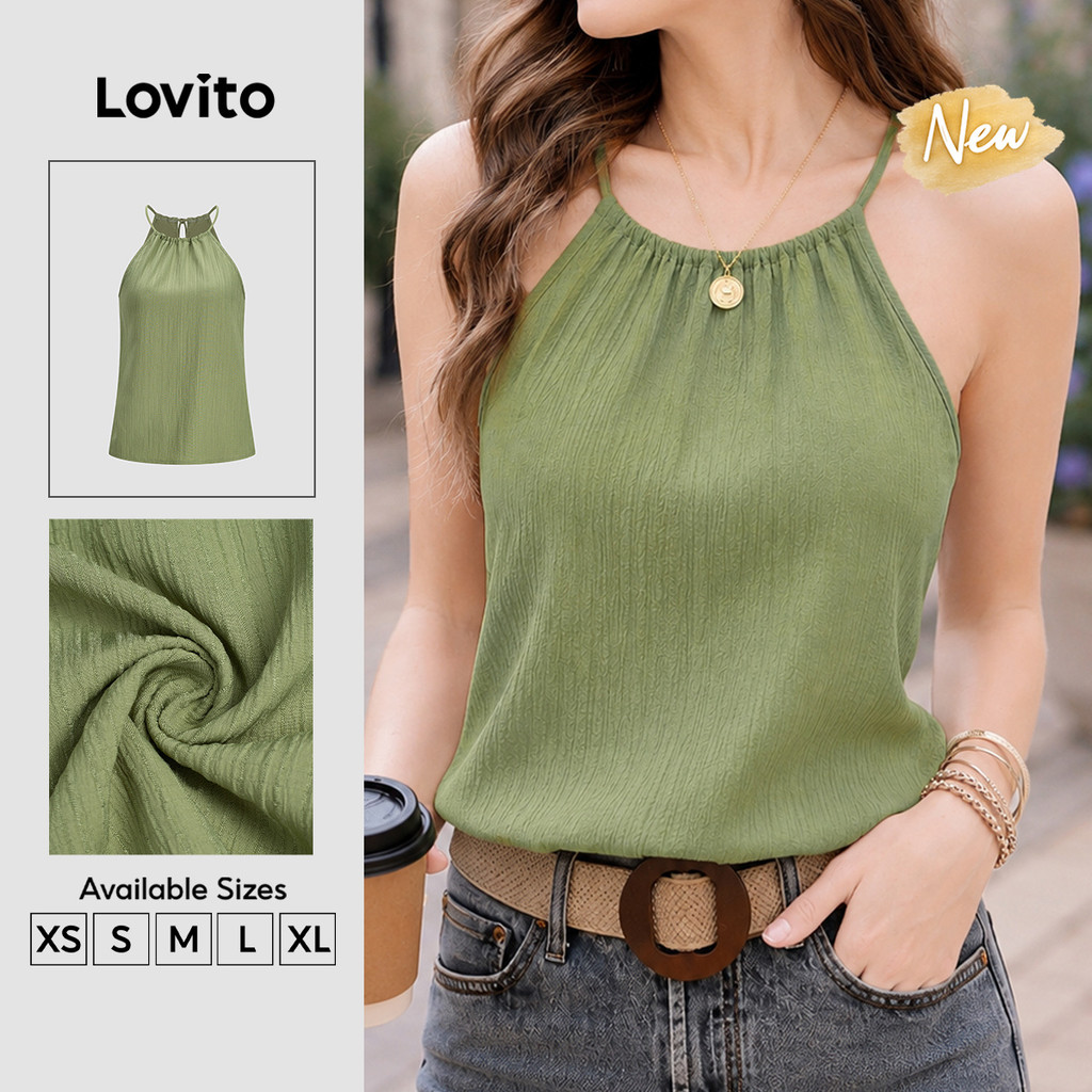 (New Arrival) Lovito Top Feminino Verdeclaro Boho Sem Mangas Gola Redonda Amarração Nas Costas Textura Franzida Primavera/verão TKB205P2D350