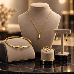 Conjunto de Joias Feminino Dourado 4 Peças Colar Brinco Pulseira e Anel Minimalista Gota