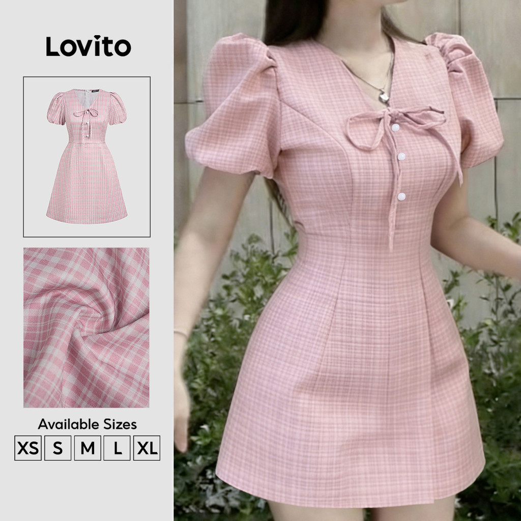 Lovito Vestido Casual Rosa de Primavera/verão para Mulheres com Laço e Botão frontal LK5ED513