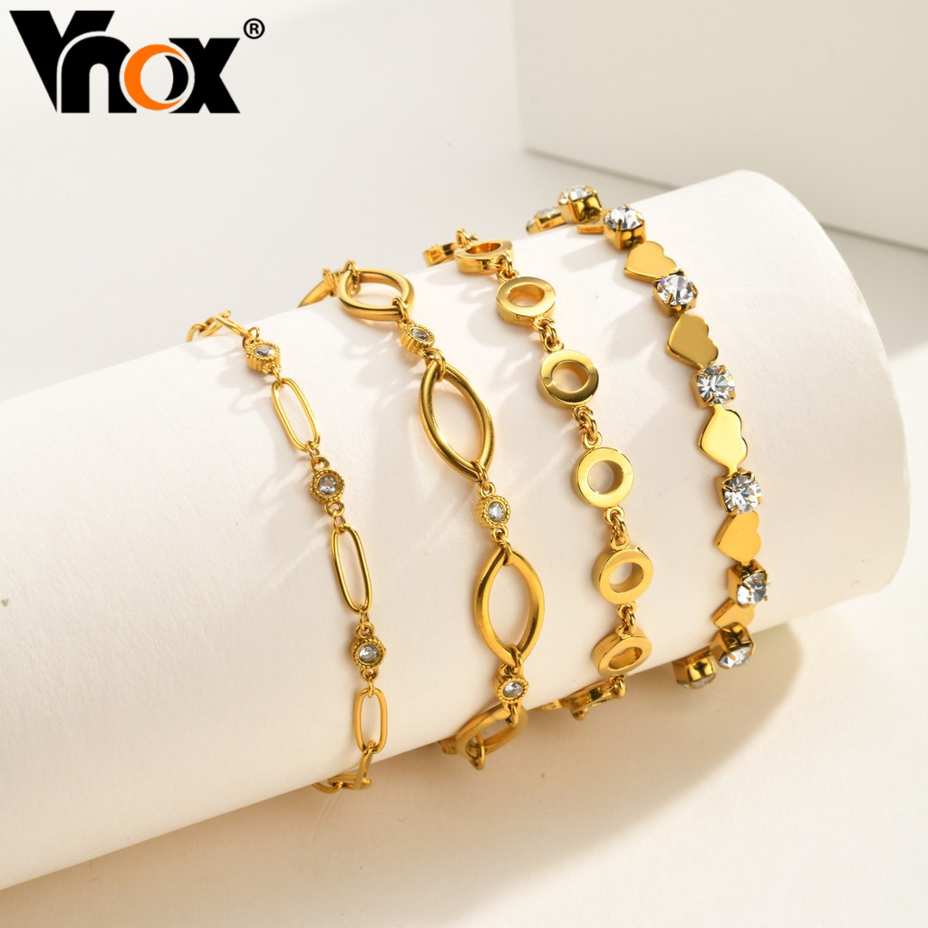Pulseira Feminina Vnox Dourada De Aço Inoxidável , Vários Designs Geométricos De Corrente CZ , Presente Ajustável De Joi