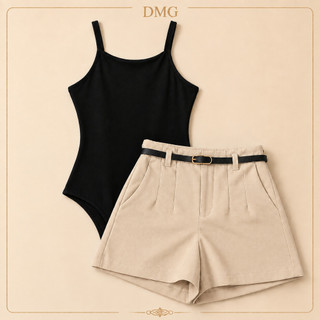 Conjunto Feminino Body Alcinha Short Alfaiataria Cintura Alta com Cinto