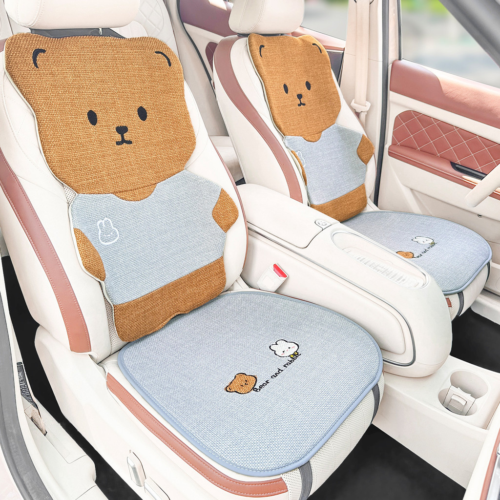 Capa de assento de carro, novo conjunto de cinco peças de linho com ursinho fofo para interior de carro, capa de assento