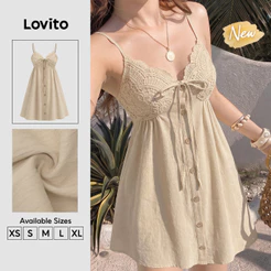 Lovito Vestido Feminino Caqui Boho com Botão Babado na Gola e Drapeado Modelo Mini A DRB204P1D294