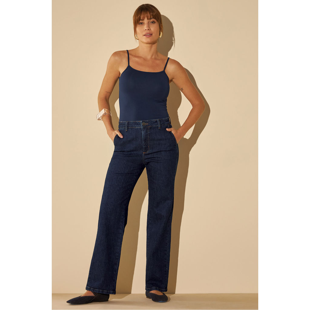 Calça Reta Feminina Jeans Listras Marialícia Azul