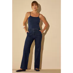 Calça Reta Feminina Jeans Listras Marialícia Azul