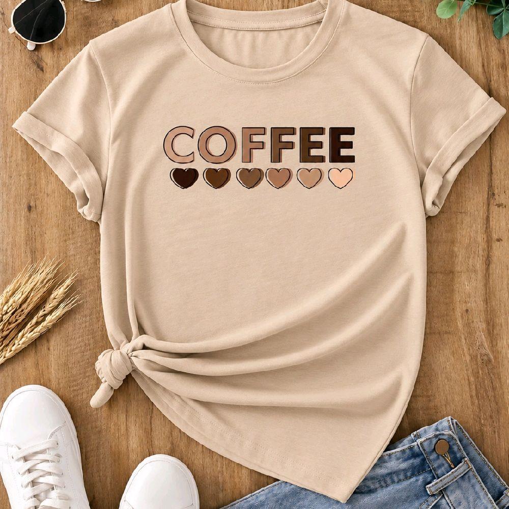Camiseta Feminina 'Coffee' com Estampa de Corações em Bege Confortável e Estilosa para Uso Diário