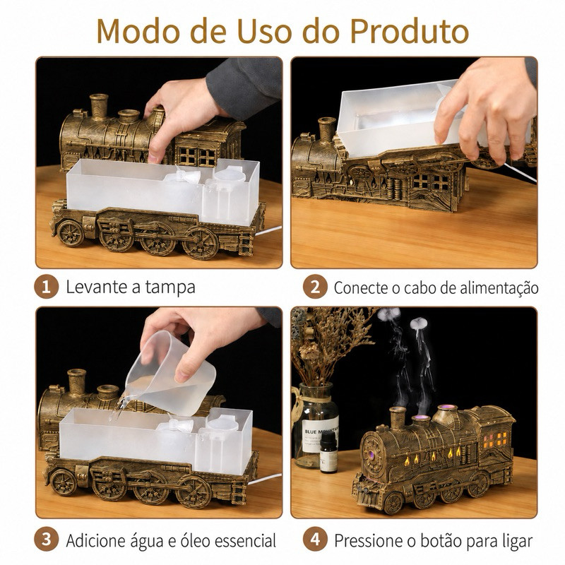 Difusor Aromatizador Ultrassônico Trem Vintage 300ml com Controle Remoto, Luz LED, Névoa e Timer — imagem 2 de 2