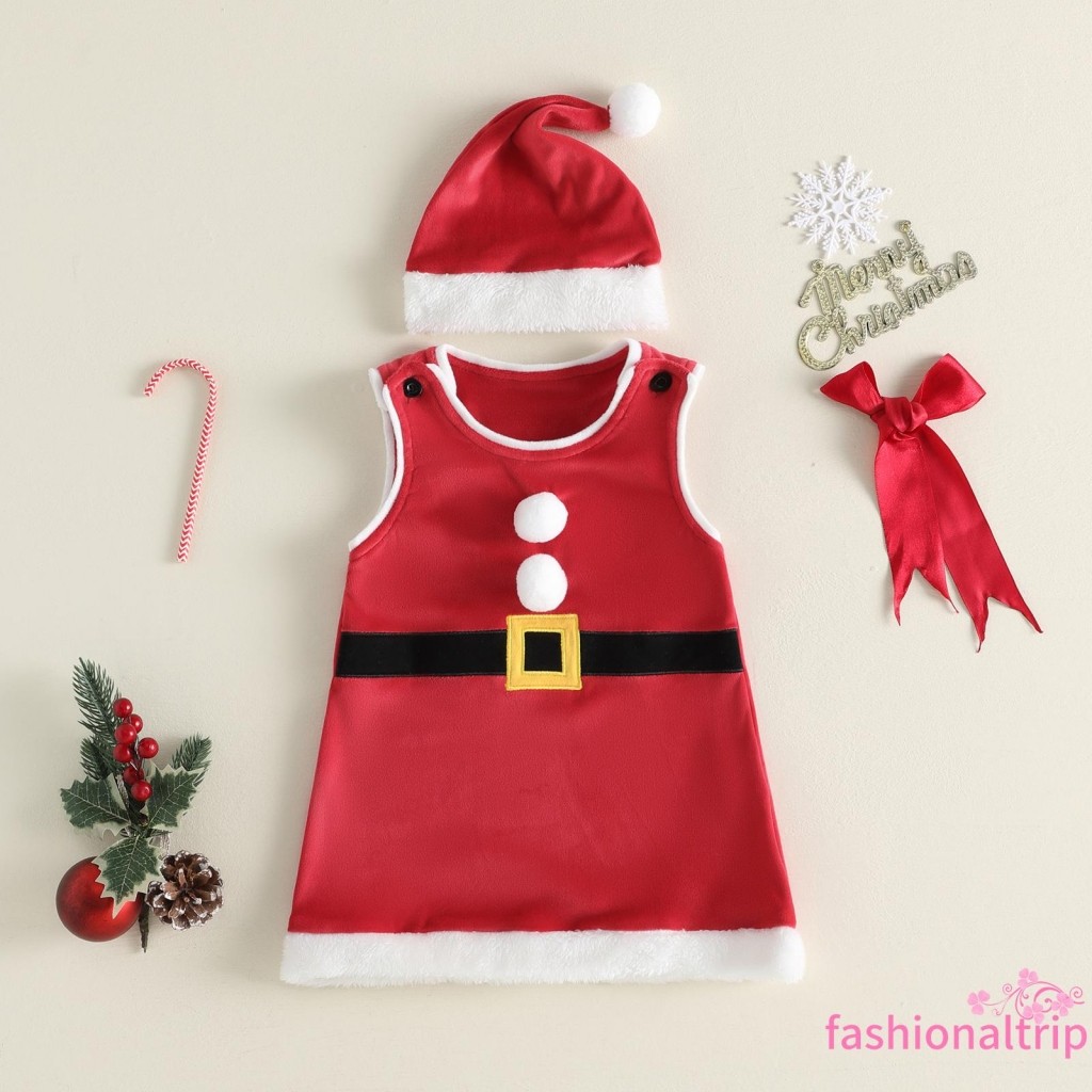 [FaSh] Vestido Infantil Feminino Com Pompons Felpudos E Chapéu De Papai Noel Conjunto De Fantasia De Natal