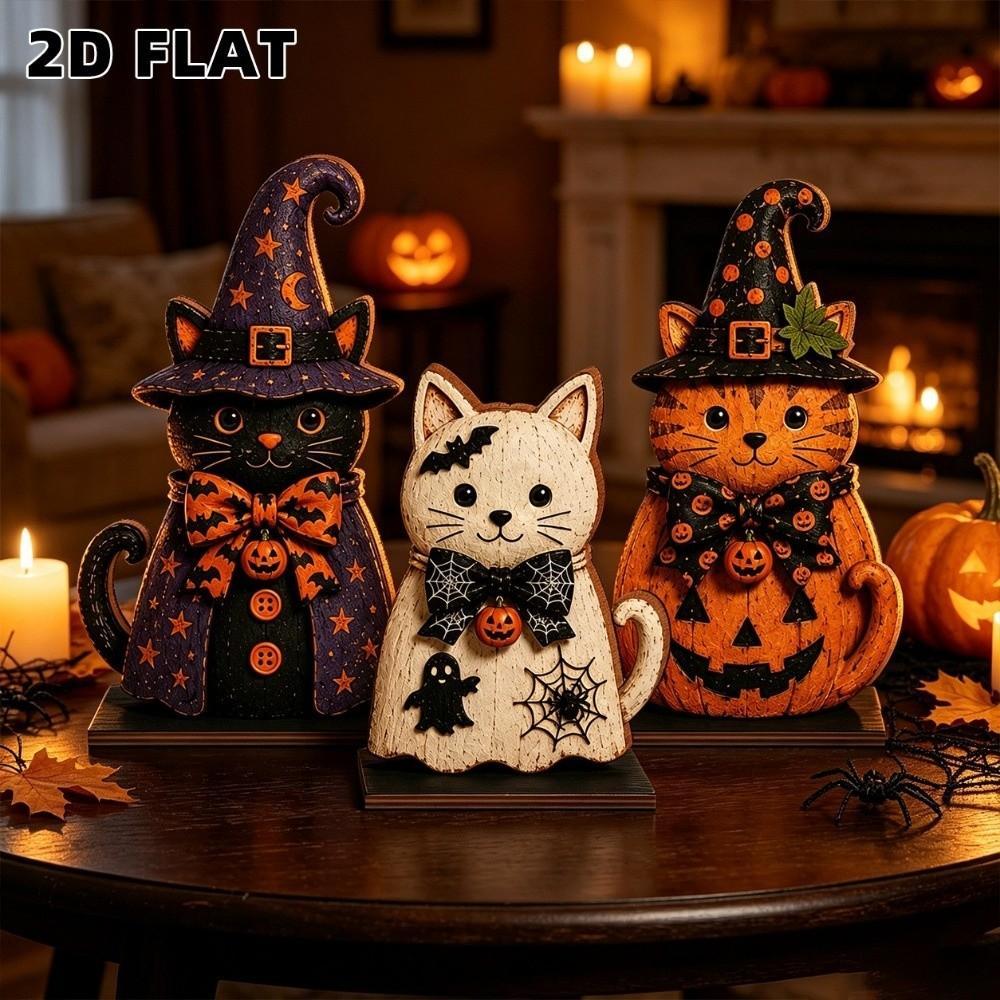 Ornamento De Gato De Bruxa De 3 Peças , Estatueta De Halloween De Estilo Rústico De Abóbora , Estatuetas Decorativas De 