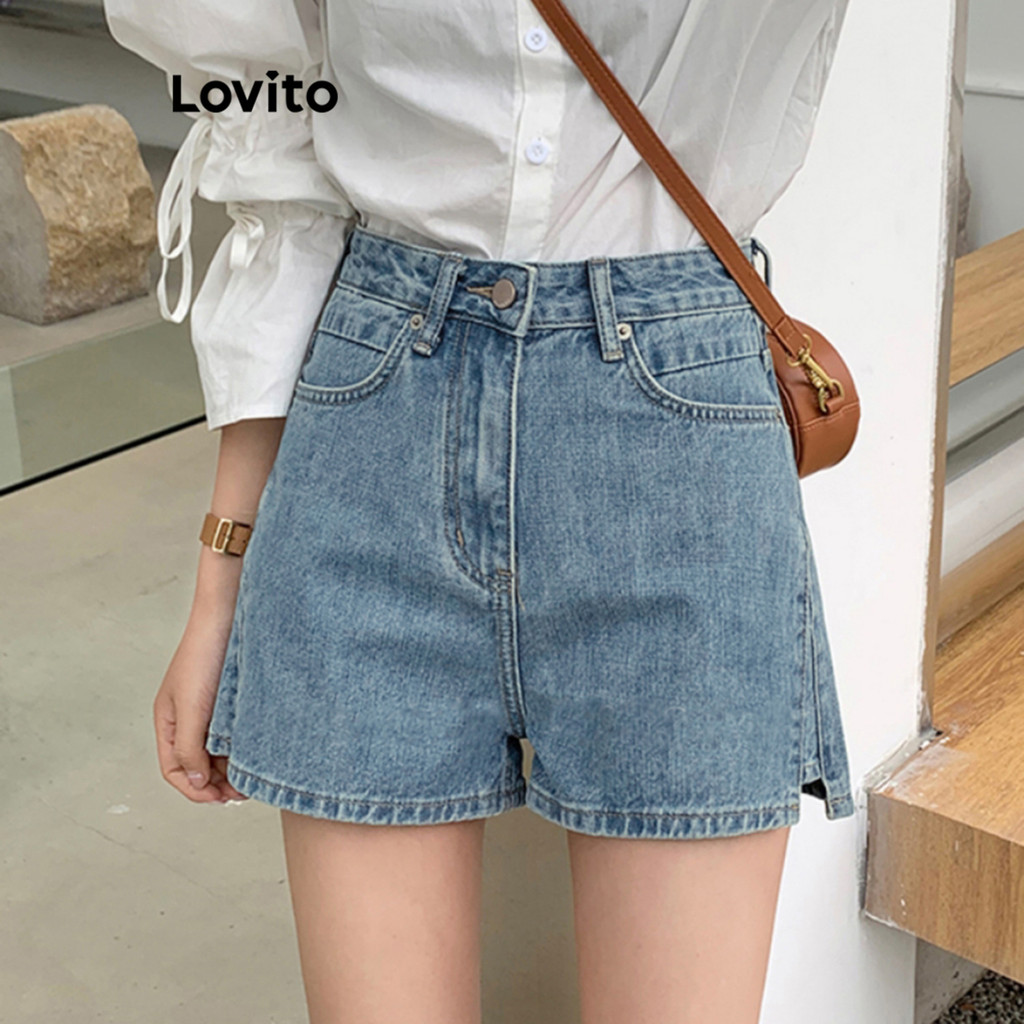(Casual) Lovito Shorts Jeans Com Bolso Dividido Liso Para Mulheres L68ED114 (Multicolorido)