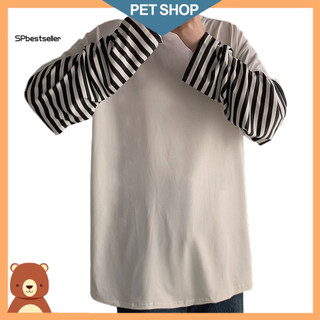 Camiseta Masculina Sp Falsa De Duas Peças Com Gola Redonda E Listras Grandes De Outono Para Uso Diário