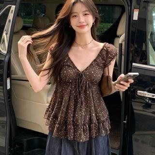 [Seckill por tempo limitado] Camisa de bebê de manga curta Floral estilo coreano, Design de verão com decote em V amarra