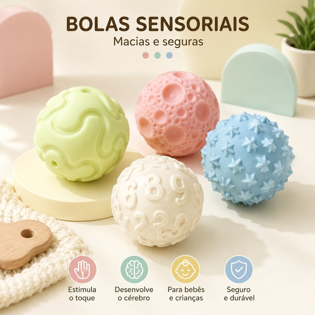 Kit 4 Bolas Sensoriais para Bebês com Texturas Variadas, Bolinha de Apertar e Estimulação Tátil super qualidade