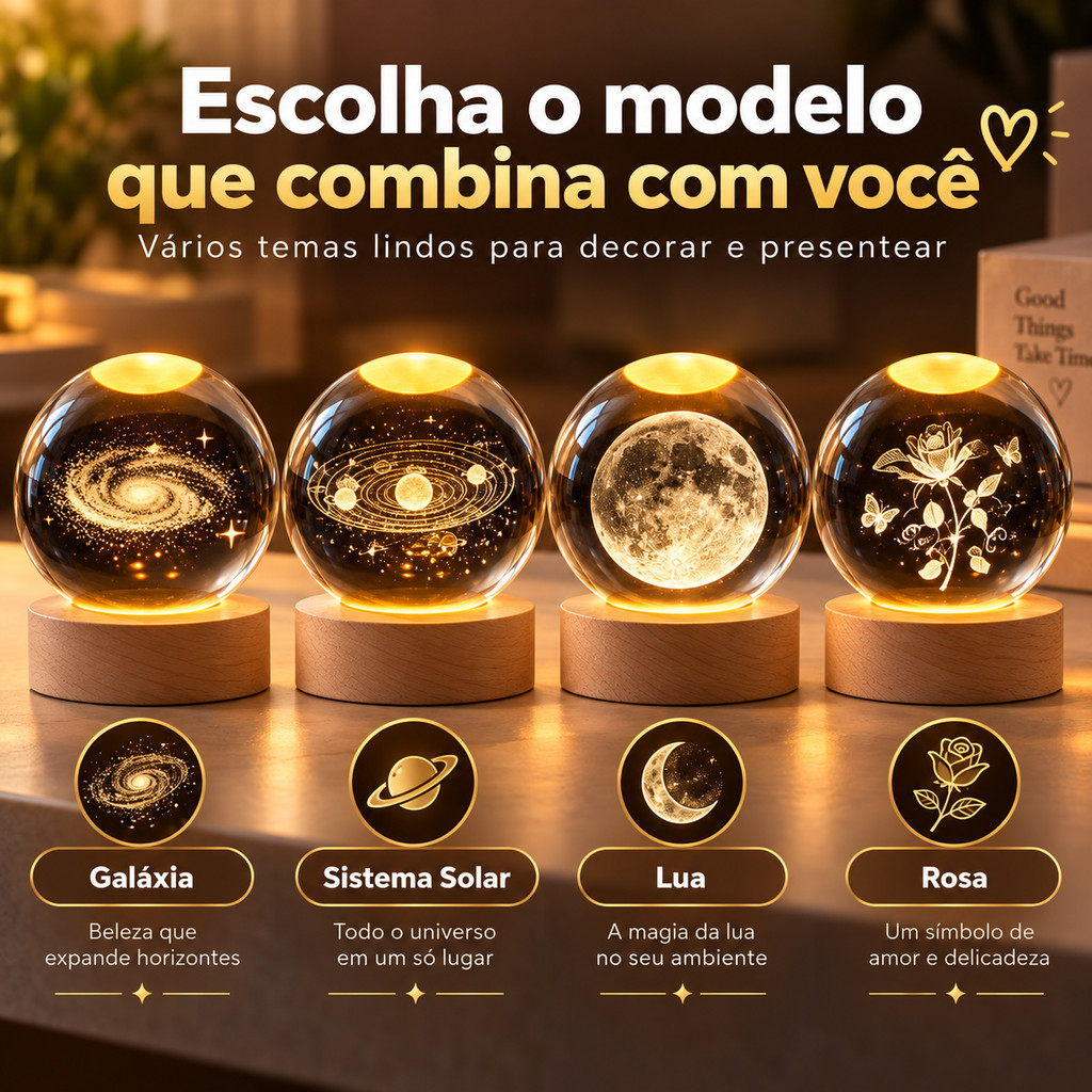 Luminária de Mesa LED Cristal Bola 3D Lua Via Láctea Abajur Decorativo USB Base Madeira para Quarto Sala Escritório — imagem 2 de 2