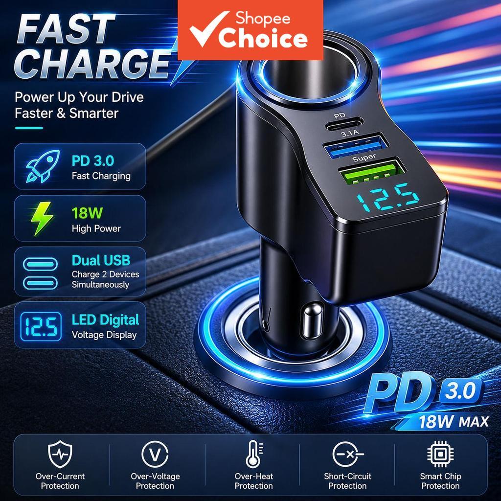 Carregador Rápido USB Pd Para Carro Com Display Digital