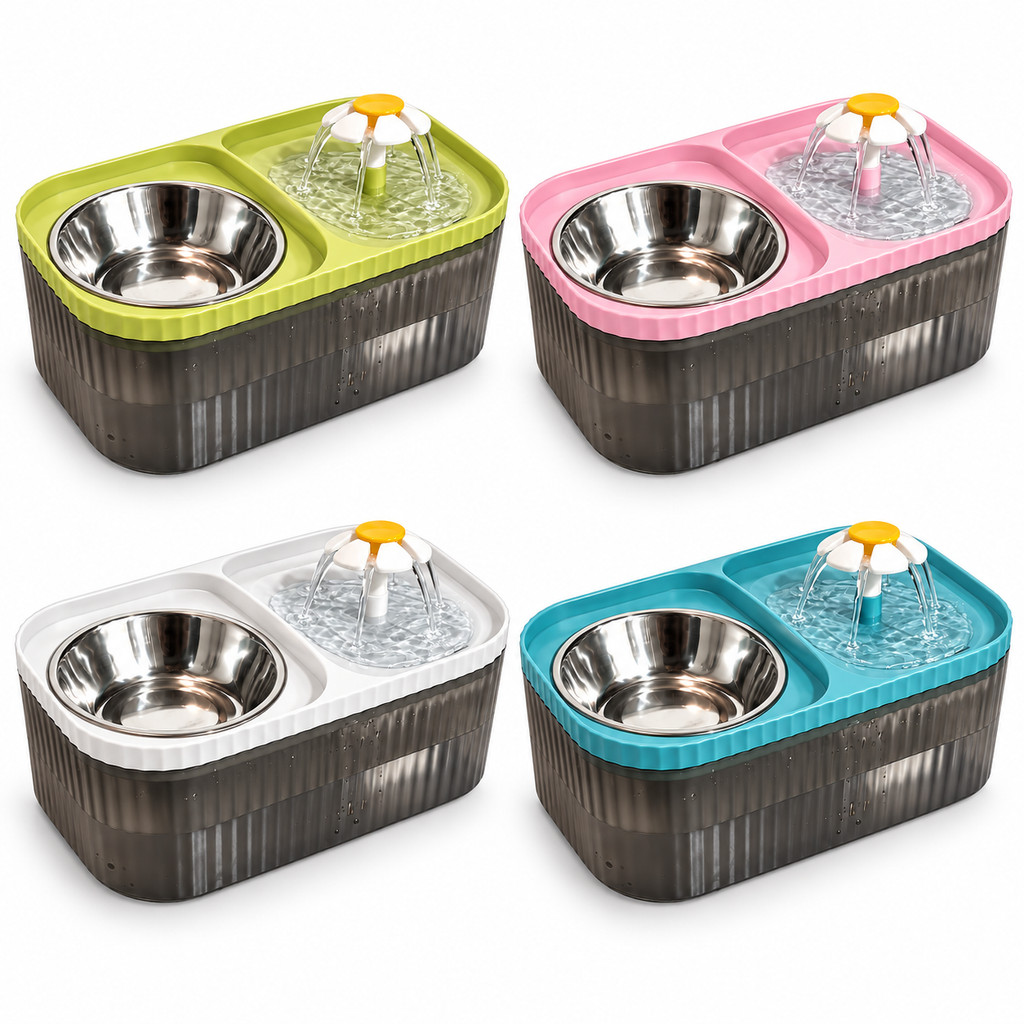 Fonte de Água Elétrica com Flor Bivolt + Comedouro em Inox para Pet