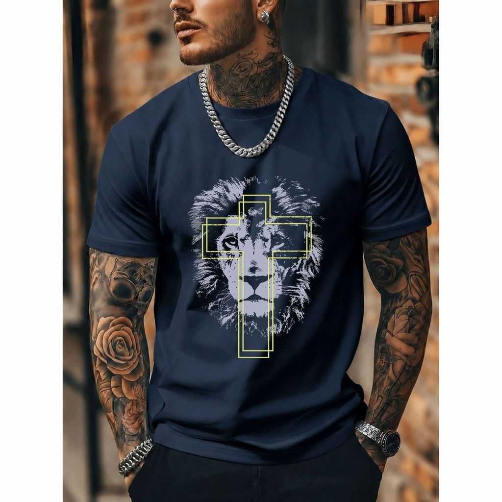 [Premium Algodão Puro]CA Camiseta Oversized Streetwear Masculina e Feminina, Estampa de Cruzeiro e Leão, 100% Algodão, E