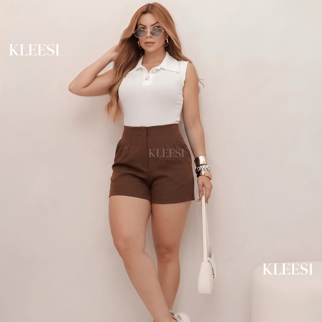 Short Alfaiataria Feminino Social Casual Cintura Alta Zíper Lateral Elegante Moda Tendência verão